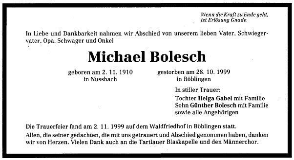 Bolesch Michael 1910-1999 Todesanzeige